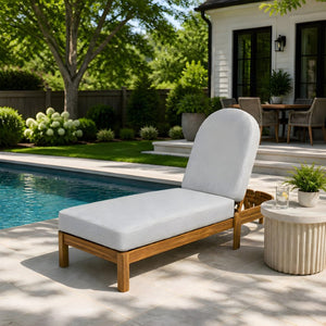 English Elm Outdoor Acacia Wood Dining Chairs Slatted Backrest Teak Finish Resort Style Patio Set Chaise Lounge Single Light Gray + Teak N762P446646E