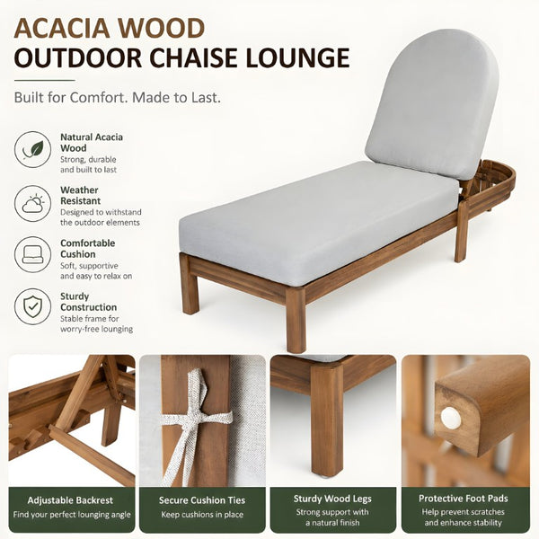 English Elm Outdoor Acacia Wood Dining Chairs Slatted Backrest Teak Finish Resort Style Patio Set Chaise Lounge Single Light Gray + Teak N762P446646E