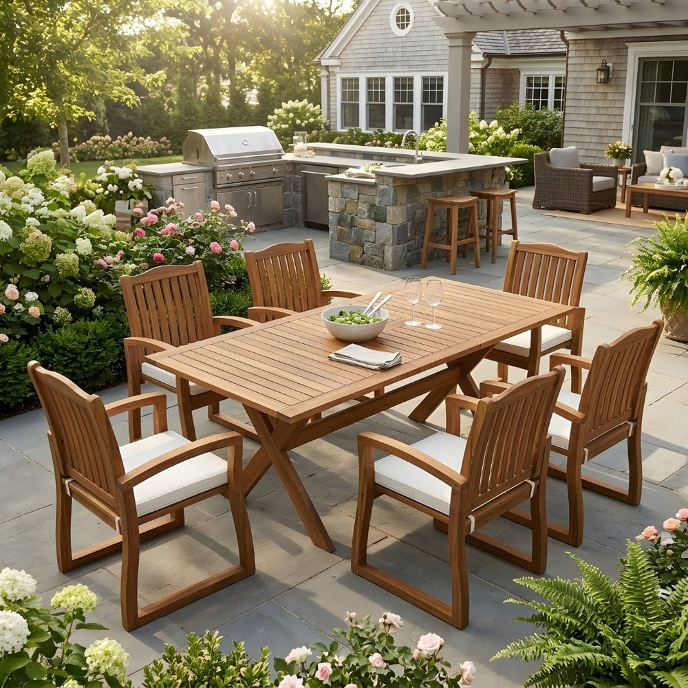 English Elm 7 Piece Solid Acacia Outdoor Dining Set Extendable Teak Table Six Armchairs N762P455523D_57217.00ACA6