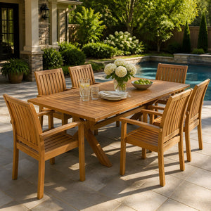 English Elm 7 Piece Solid Acacia Outdoor Dining Set Extendable Teak Table Six Slatted Chairs N762P455523D_61717.00TEA6