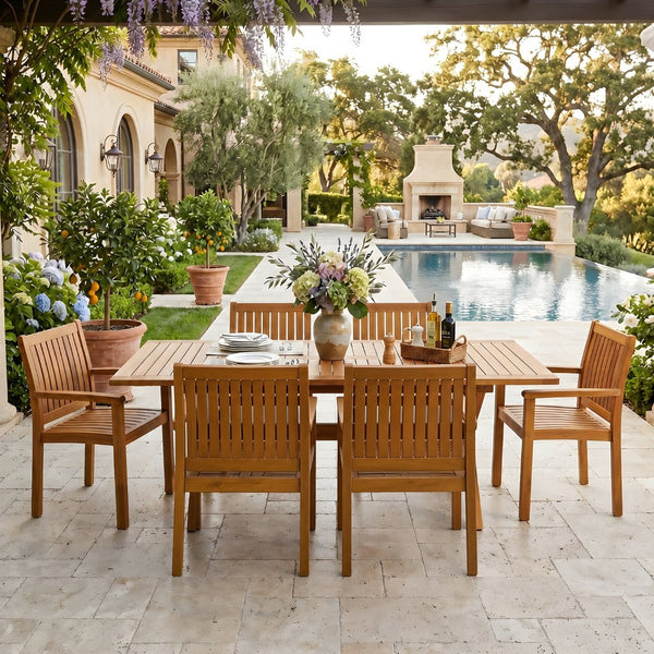 English Elm 7 Piece Solid Acacia Outdoor Dining Set Extendable Teak Table Six Slatted Chairs N762P455523D_61717.00TEA6