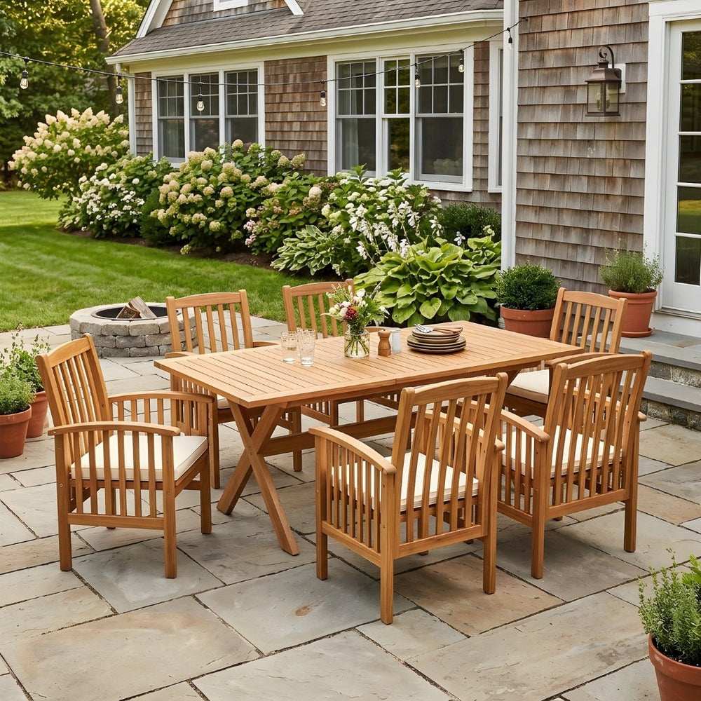 English Elm 7 Piece Solid Acacia Wood Outdoor Dining Set Extendable Table Six Cushioned Chairs N762P455523D_61720.006