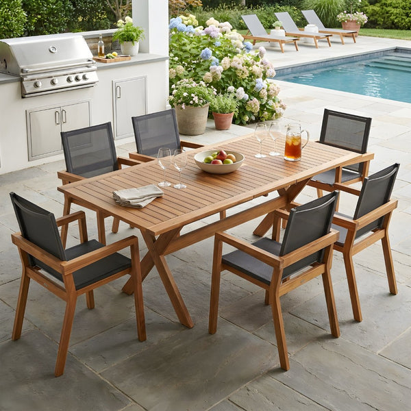 English Elm 7 Piece Acacia Wood Outdoor Dining Set Extendable Teak Finish Mesh Chairs Patio N762P455523D_63256.006