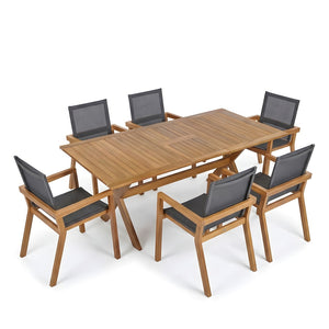 English Elm 7 Piece Acacia Wood Outdoor Dining Set Extendable Teak Finish Mesh Chairs Patio N762P455523D_63256.006