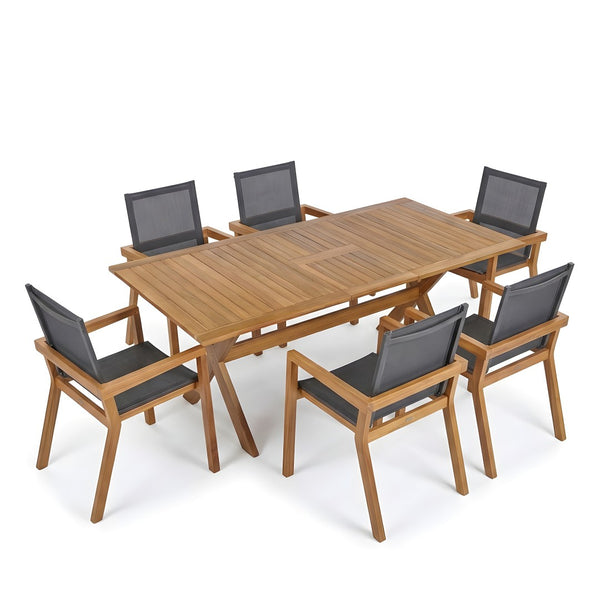English Elm 7 Piece Acacia Wood Outdoor Dining Set Extendable Teak Finish Mesh Chairs Patio N762P455523D_63256.006