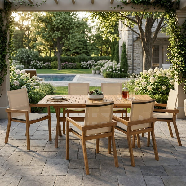English Elm 7 Piece Solid Acacia Wood Outdoor Dining Set Extendable Table Six Mesh Chairs N762P455523D_N762P240699A6
