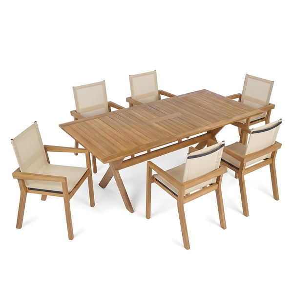 English Elm 7 Piece Solid Acacia Wood Outdoor Dining Set Extendable Table Six Mesh Chairs N762P455523D_N762P240699A6