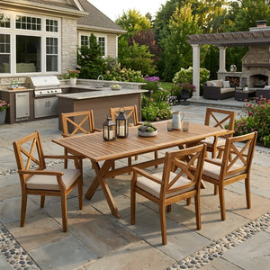 English Elm 7 Piece Solid Acacia Extendable Outdoor Dining Set with Teak Finish and Cushioned Chairs Cream N762P455523D_N762P251938A6