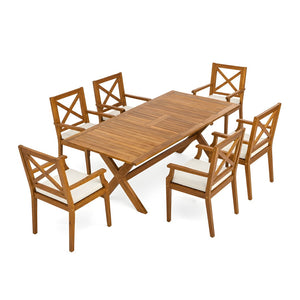 English Elm 7 Piece Solid Acacia Extendable Outdoor Dining Set with Teak Finish and Cushioned Chairs Cream N762P455523D_N762P251938A6