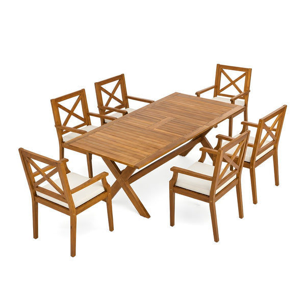 English Elm 7 Piece Solid Acacia Extendable Outdoor Dining Set with Teak Finish and Cushioned Chairs Cream N762P455523D_N762P251938A6