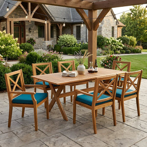 English Elm 7 Piece Solid Acacia Extendable Outdoor Dining Set with Teak Finish and Cushioned Chairs Blue N762P455523D_N762P251938C6