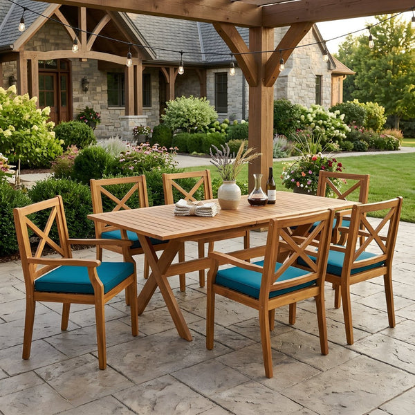 English Elm 7 Piece Solid Acacia Extendable Outdoor Dining Set with Teak Finish and Cushioned Chairs Blue N762P455523D_N762P251938C6