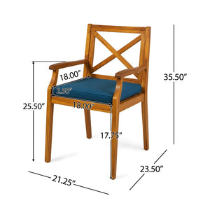 English Elm 7 Piece Solid Acacia Extendable Outdoor Dining Set with Teak Finish and Cushioned Chairs Blue N762P455523D_N762P251938C6