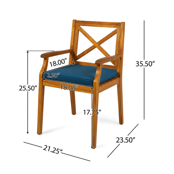 English Elm 7 Piece Solid Acacia Extendable Outdoor Dining Set with Teak Finish and Cushioned Chairs Blue N762P455523D_N762P251938C6