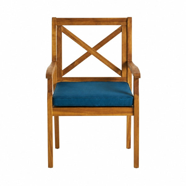 English Elm 7 Piece Solid Acacia Extendable Outdoor Dining Set with Teak Finish and Cushioned Chairs Blue N762P455523D_N762P251938C6