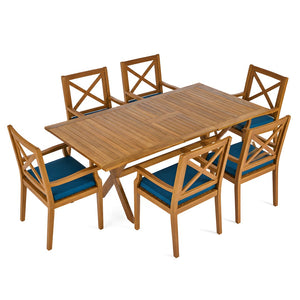 English Elm 7 Piece Solid Acacia Extendable Outdoor Dining Set with Teak Finish and Cushioned Chairs Blue N762P455523D_N762P251938C6