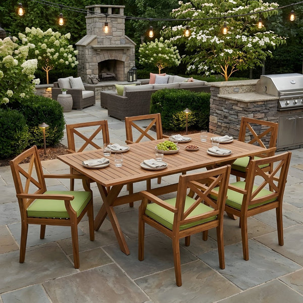 English Elm 7 Piece Solid Acacia Extendable Outdoor Dining Set with Teak Finish and Cushioned Chairs Green N762P455523D_N762P251938F6