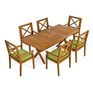 English Elm 7 Piece Solid Acacia Extendable Outdoor Dining Set with Teak Finish and Cushioned Chairs Green N762P455523D_N762P251938F6