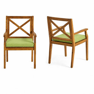 English Elm 7 Piece Solid Acacia Extendable Outdoor Dining Set with Teak Finish and Cushioned Chairs Green N762P455523D_N762P251938F6