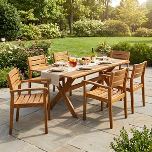 English Elm 7 Piece Solid Acacia Wood Outdoor Dining Set Extendable Teak Finish Slatted N762P455523D_N762P251941A6