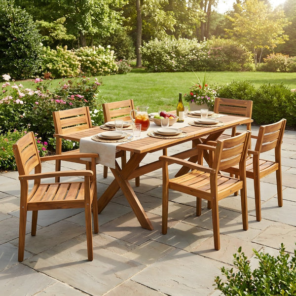 English Elm 7 Piece Solid Acacia Wood Outdoor Dining Set Extendable Teak Finish Slatted N762P455523D_N762P251941A6
