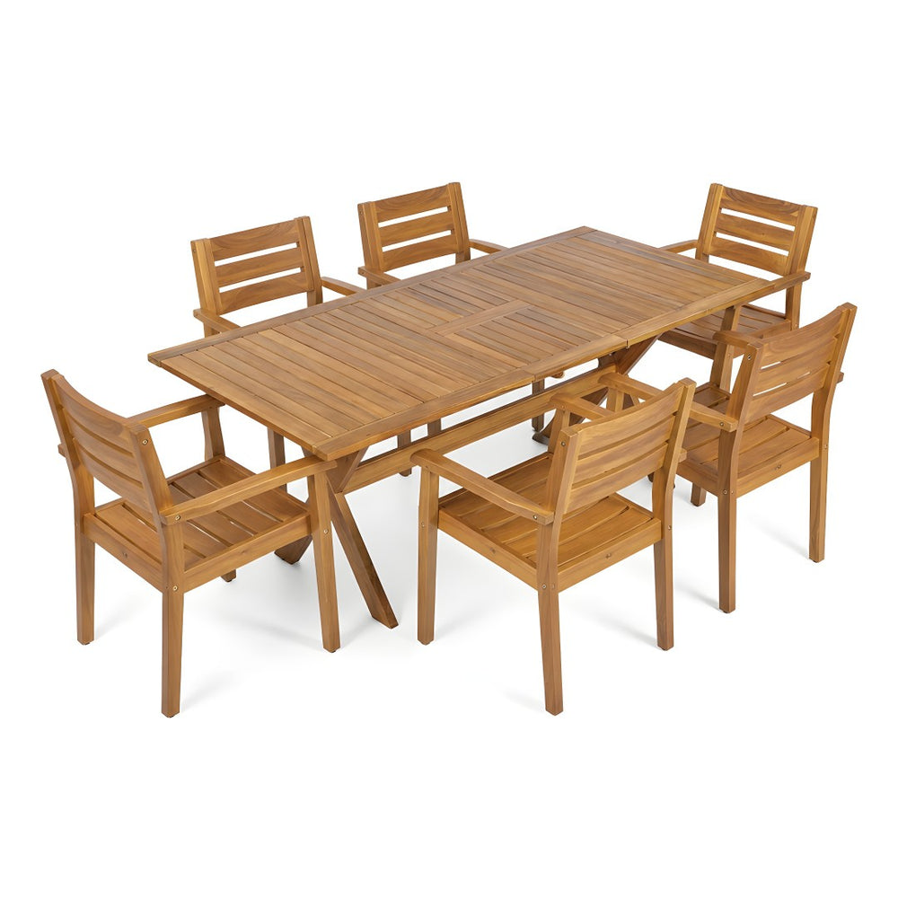 English Elm 7 Piece Solid Acacia Wood Outdoor Dining Set Extendable Teak Finish Slatted N762P455523D_N762P251941A6