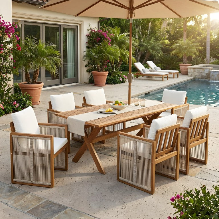 English Elm 7 Piece Acacia Wood Outdoor Dining Set with Woven Rope Chairs and Extendable Table N762P455523D_N762P371719A6