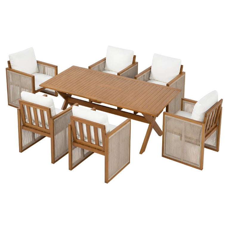 English Elm 7 Piece Acacia Wood Outdoor Dining Set with Woven Rope Chairs and Extendable Table N762P455523D_N762P371719A6
