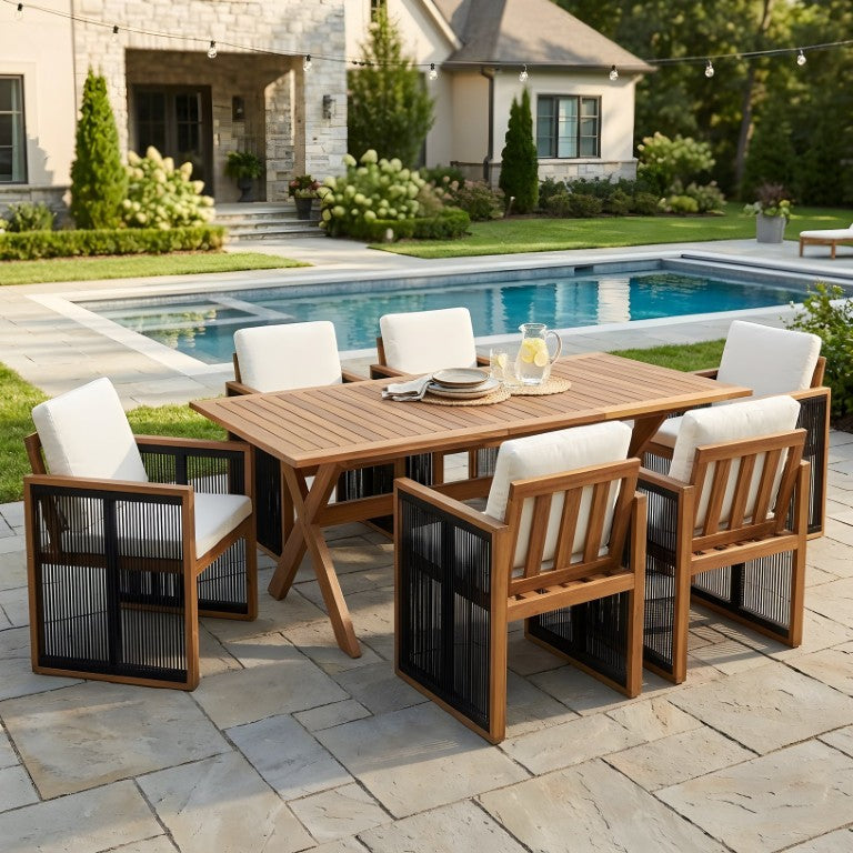 English Elm 7 Piece Acacia Wood Outdoor Dining Set with Handwoven Cord Chairs and Extendable Table N762P455523D_N762P371719B6