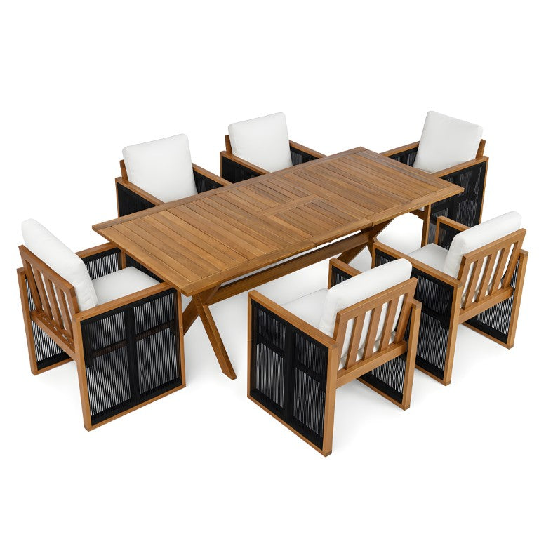 English Elm 7 Piece Acacia Wood Outdoor Dining Set with Handwoven Cord Chairs and Extendable Table N762P455523D_N762P371719B6