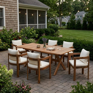 English Elm 7 Piece Solid Acacia Outdoor Dining Set Extendable Teak Table Six Cushioned Chairs N762P455523D_N762P380633A6