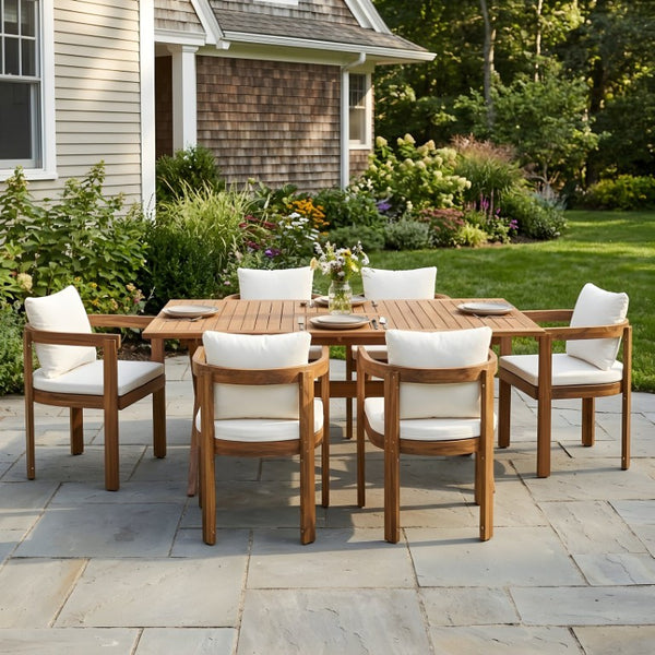 English Elm 7 Piece Solid Acacia Outdoor Dining Set Extendable Teak Table Six Cushioned Chairs N762P455523D_N762P380633A6