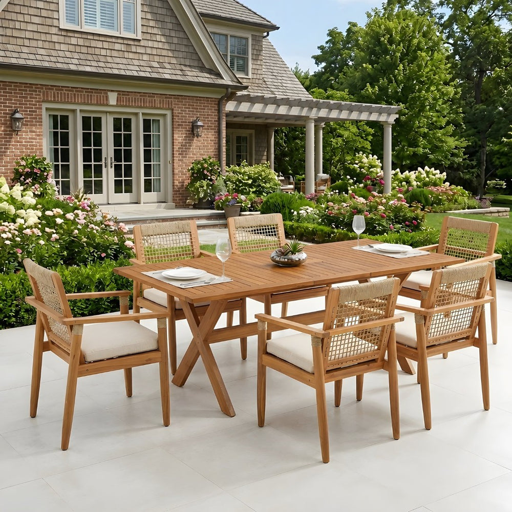 English Elm 7 Piece Acacia Wood Outdoor Dining Set Extendable Table Rope Back Chairs Teak N762P455523D_N762P386379D6