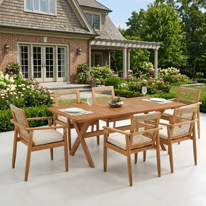 English Elm 7 Piece Acacia Wood Outdoor Dining Set Extendable Table Rope Back Chairs Teak N762P455523D_N762P386379D6