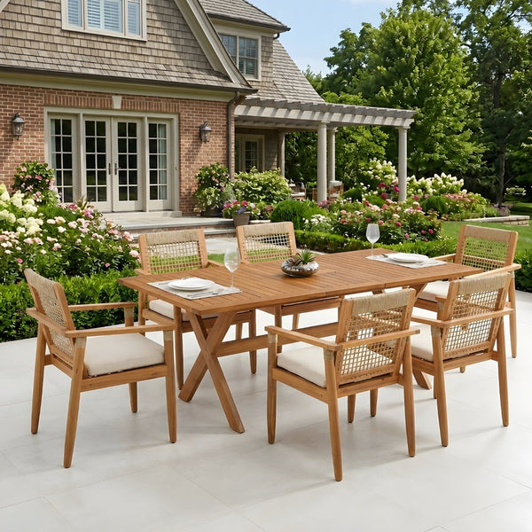 English Elm 7 Piece Acacia Wood Outdoor Dining Set Extendable Table Rope Back Chairs Teak N762P455523D_N762P386379D6