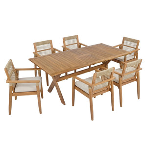 English Elm 7 Piece Acacia Wood Outdoor Dining Set Extendable Table Rope Back Chairs Teak N762P455523D_N762P386379D6