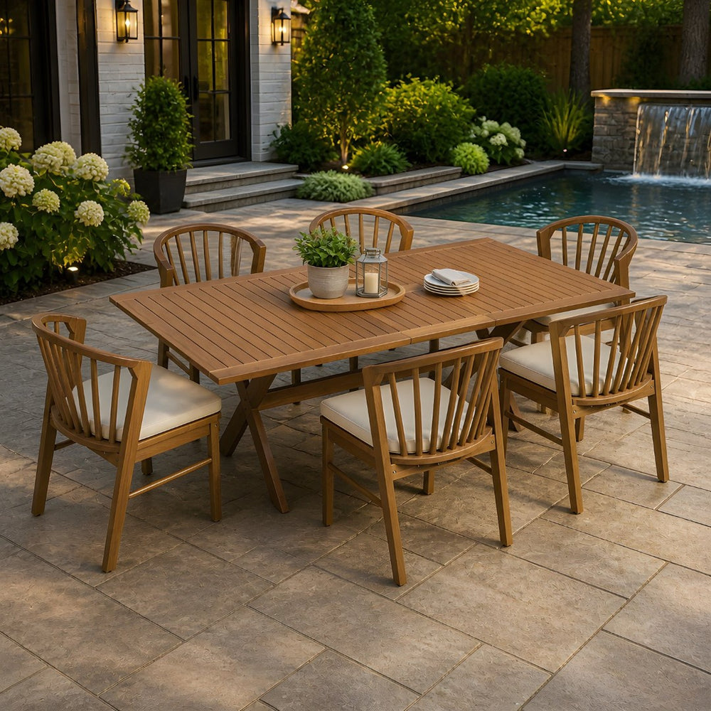 English Elm 7 Piece Solid Acacia Extendable Outdoor Dining Set with Spindle Back Chairs Teak Finish N762P455523D_N762P389932A6