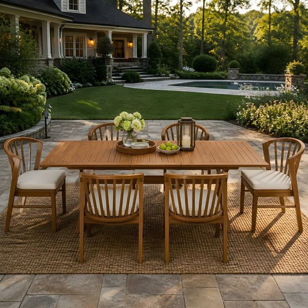 English Elm 7 Piece Solid Acacia Extendable Outdoor Dining Set with Spindle Back Chairs Teak Finish N762P455523D_N762P389932A6