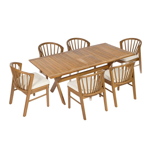 English Elm 7 Piece Solid Acacia Extendable Outdoor Dining Set with Spindle Back Chairs Teak Finish N762P455523D_N762P389932A6