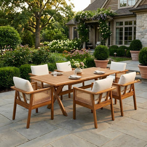 English Elm 7 Piece Solid Acacia Outdoor Dining Set with Extendable Table and Wicker Chairs Cream, Natural, Teak N762P455523D_N762P403831T6