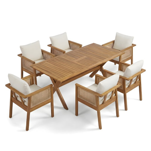 English Elm 7 Piece Solid Acacia Outdoor Dining Set with Extendable Table and Wicker Chairs Cream, Natural, Teak N762P455523D_N762P403831T6