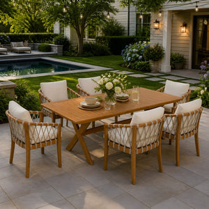 English Elm 7 Piece Solid Acacia Outdoor Dining Set Extendable Table Rope Woven Chairs Teak N762P455523D_N762P411561D6
