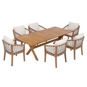English Elm 7 Piece Solid Acacia Outdoor Dining Set Extendable Table Rope Woven Chairs Teak N762P455523D_N762P411561D6