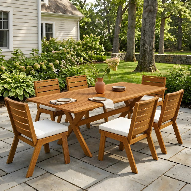 English Elm 7 Piece Solid Acacia Outdoor Dining Set Extendable Teak Table with Six Cushioned Chairs N762P455523D_N762P455540D6