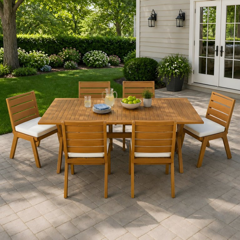 English Elm 7 Piece Solid Acacia Outdoor Dining Set Extendable Teak Table with Six Cushioned Chairs N762P455523D_N762P455540D6