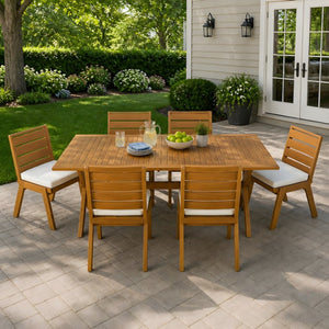 English Elm 7 Piece Solid Acacia Outdoor Dining Set Extendable Teak Table with Six Cushioned Chairs N762P455523D_N762P455540D6