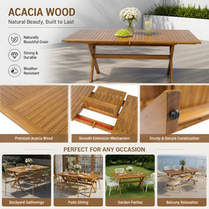 English Elm 7 Piece Solid Acacia Outdoor Dining Set Extendable Teak Table with Six Cushioned Chairs N762P455523D_N762P455540D6