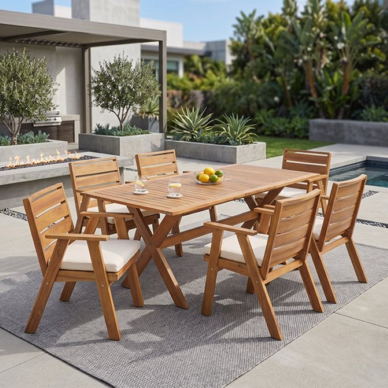 English Elm 7 Piece Solid Acacia Wood Outdoor Dining Set with Extendable Table and Cushioned Chairs N762P455523D_N762P455581D6
