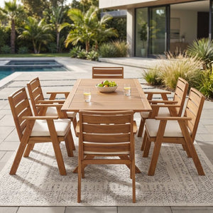 English Elm 7 Piece Solid Acacia Wood Outdoor Dining Set with Extendable Table and Cushioned Chairs N762P455523D_N762P455581D6