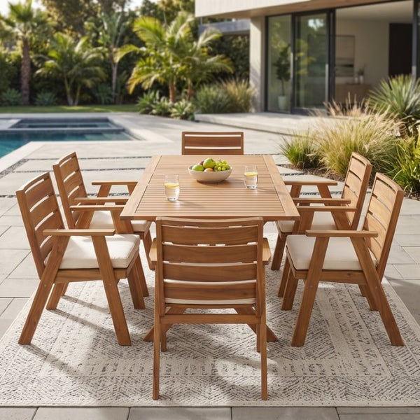 English Elm 7 Piece Solid Acacia Wood Outdoor Dining Set with Extendable Table and Cushioned Chairs N762P455523D_N762P455581D6